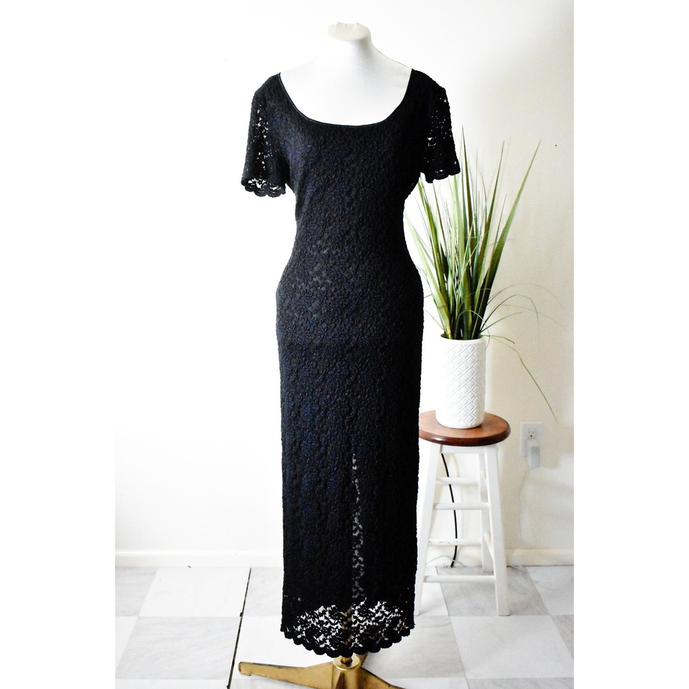 Robbie Bee Maxi Dress Womens Size 8 Black 80s Vintage Lace Satin Tie Column